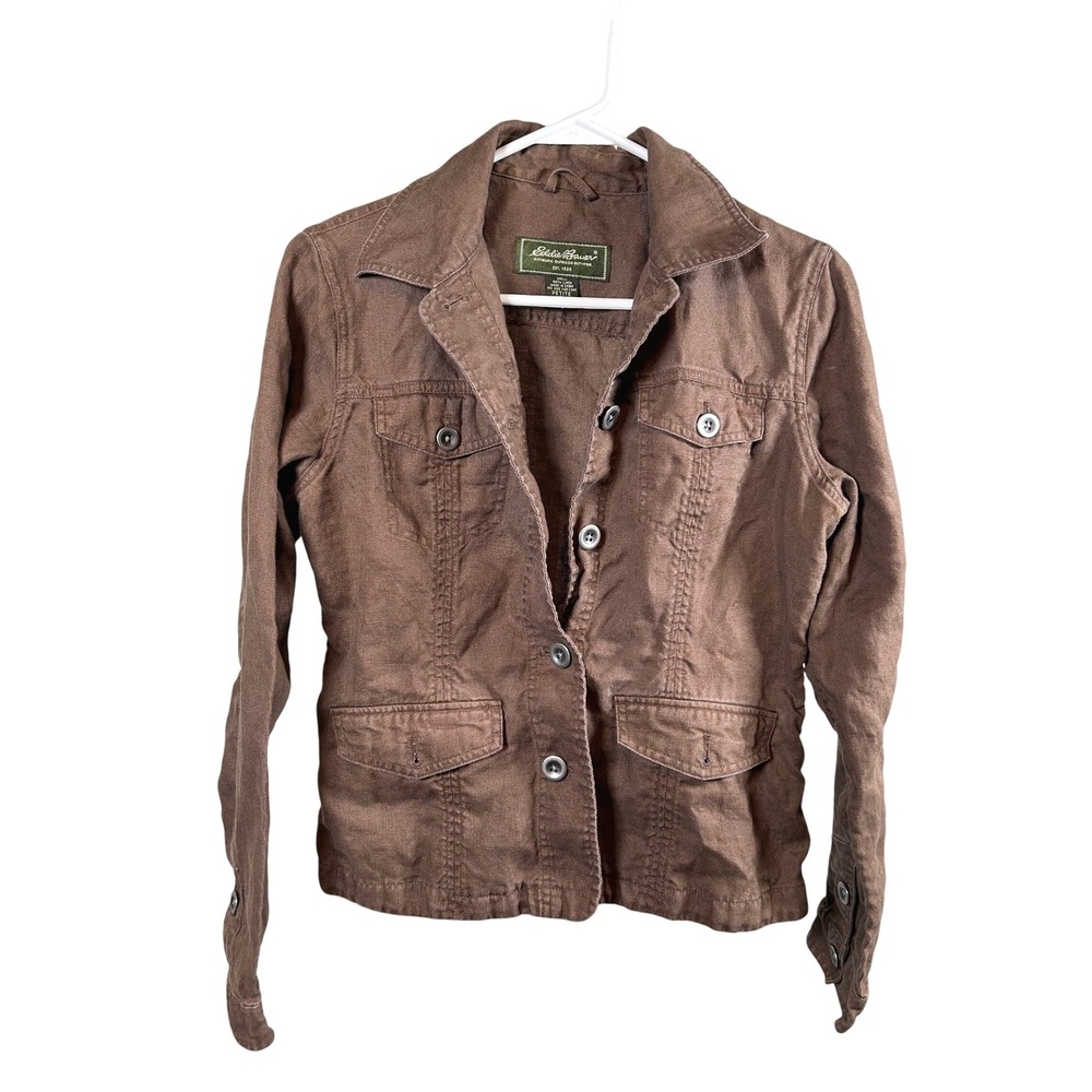 Eddie Bauer 100% Linen Jacket Women's Petite Medium Brown Button Front Utility